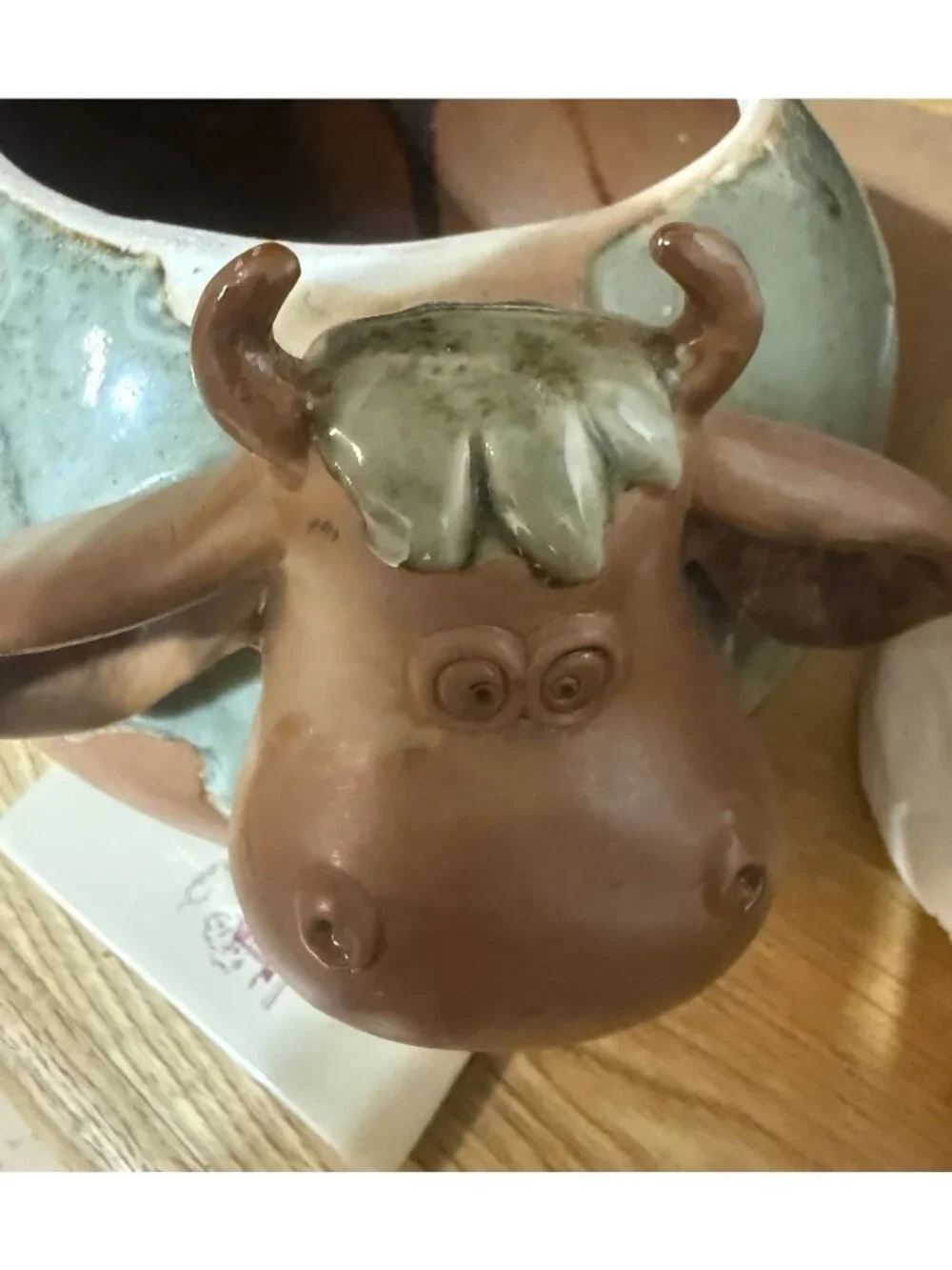 Adorable Cow Bull Green Glaze Pottery Planter